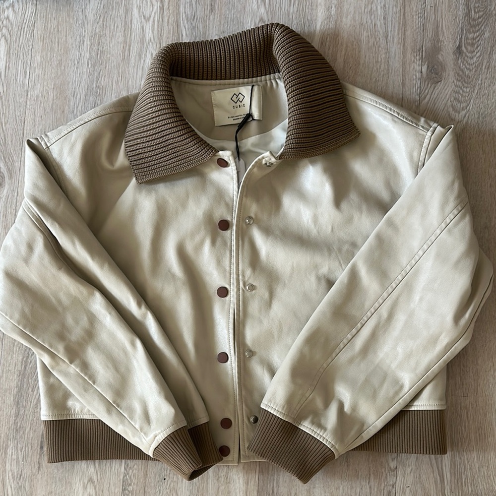 Cream and Brown Bomber Jacket with Ribbed Collar